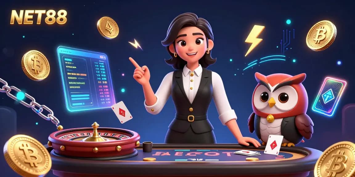 Engage with NET88 at the luxe baccarat table, featuring vibrant dealers and crypto elements.