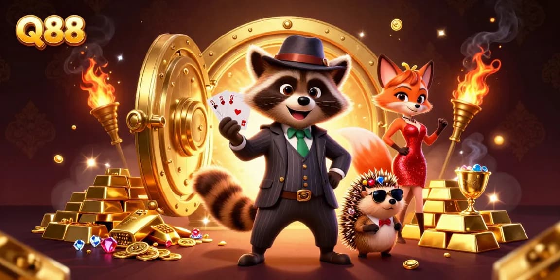 Experience the excitement of Q88 with a suave raccoon, a glamorous fox, and a bouncer in a vibrant casino scene.