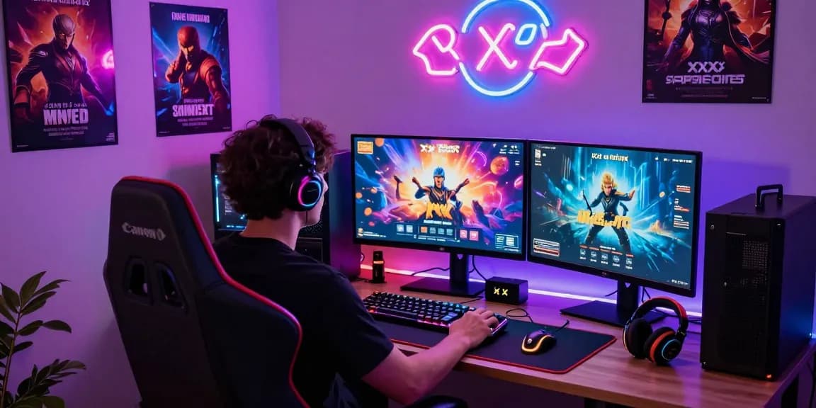Engaged player enjoying immersive xxx games in vibrant gaming setup with dual monitors.