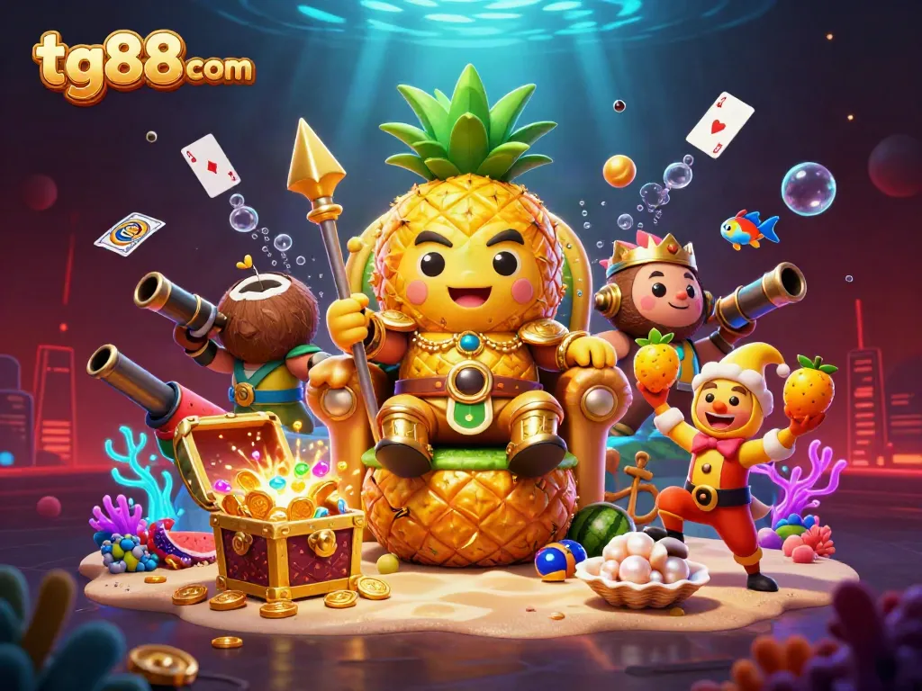 Engage in thrilling gameplay at tg88com featuring a golden pineapple king and vibrant casino elements.