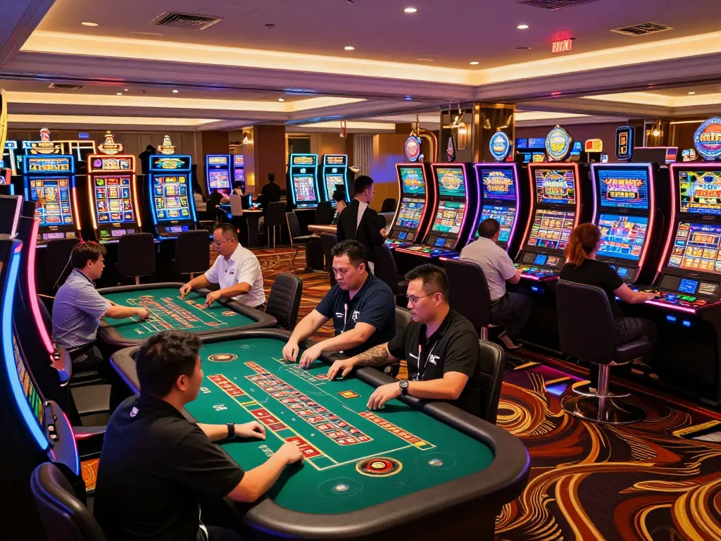 Players experiencing vibrant gaming action at XX88 casino, showcasing engaging slot and table games in a lively atmosphere