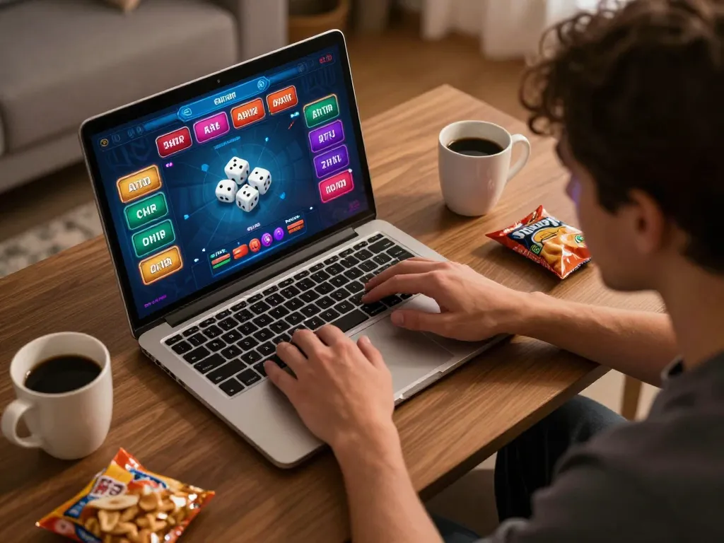 Engaged player enjoying taixiuonline with laptop showing live game interface in a comfortable home setting.