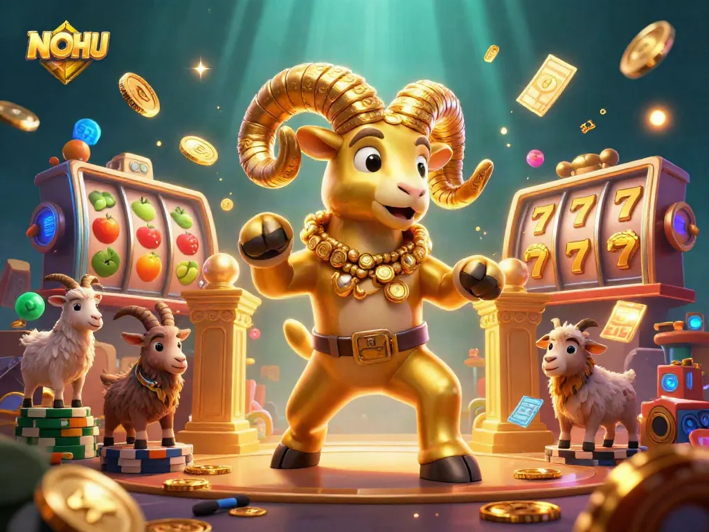 Experience thrilling jackpot excitement with NOHU's colorful slots and golden ram amidst dynamic casino elements.