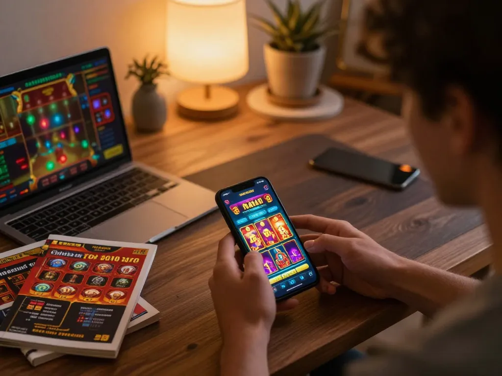 Player enjoying link sungaitoto on mobile app in cozy home setting, showcasing modern online gambling.