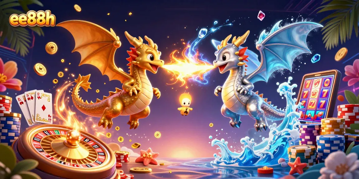 Experience the thrilling essence of ee88h with dynamic dragons representing fiery gaming action amidst casino excitement.