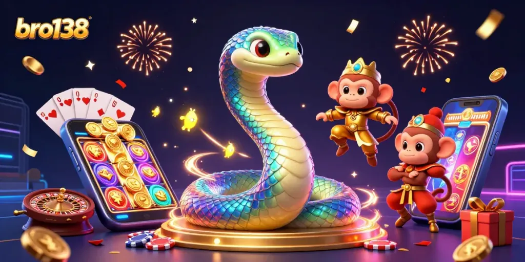 Win big at bro138 with a colorful slot game and exciting casino elements dancing in the scene.