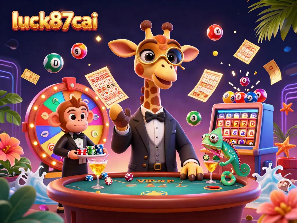 Experience luck87cai's vibrant casino scene with a high-roller giraffe, monkey valet, and chameleon bartender.