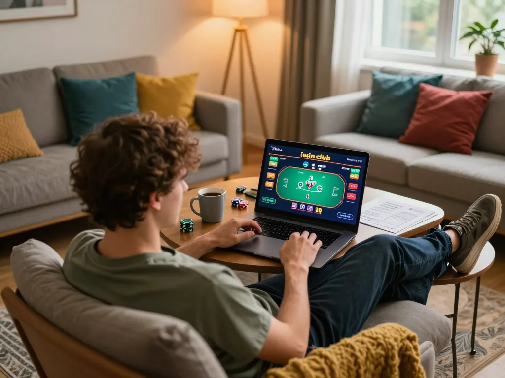 Engaging in iwin club poker online, showcasing a dynamic home gaming setup with strategy notes.