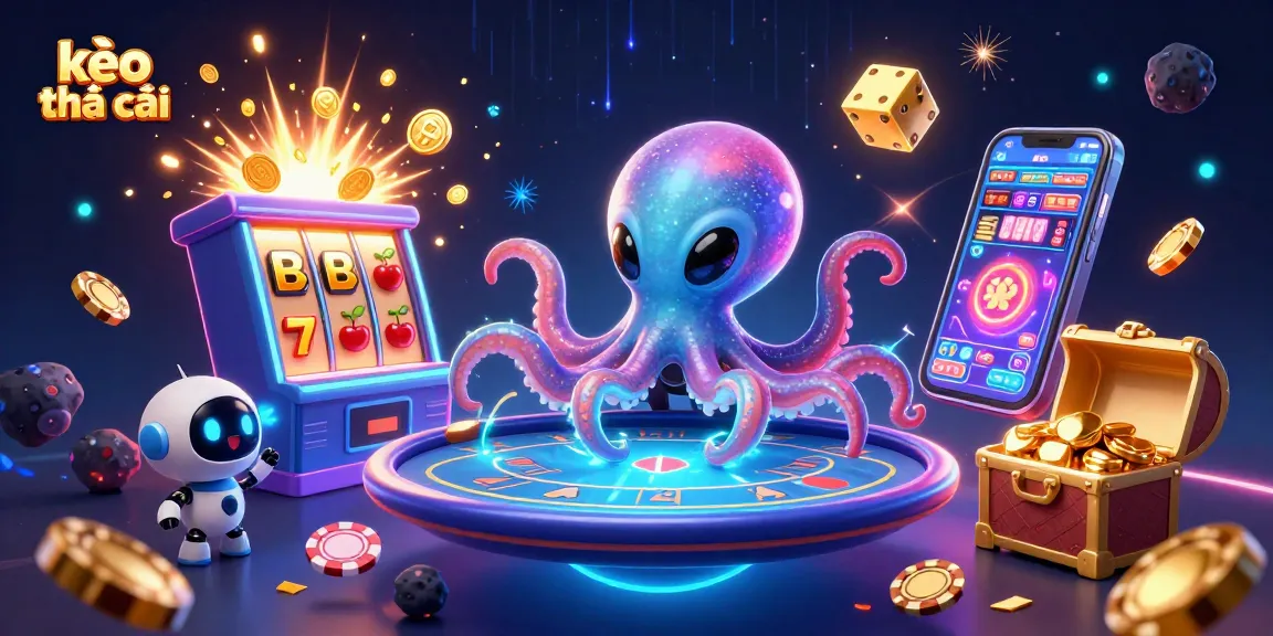 Experience thrilling kèo nhà cái with a vibrant 3D octopus at a holographic poker table.