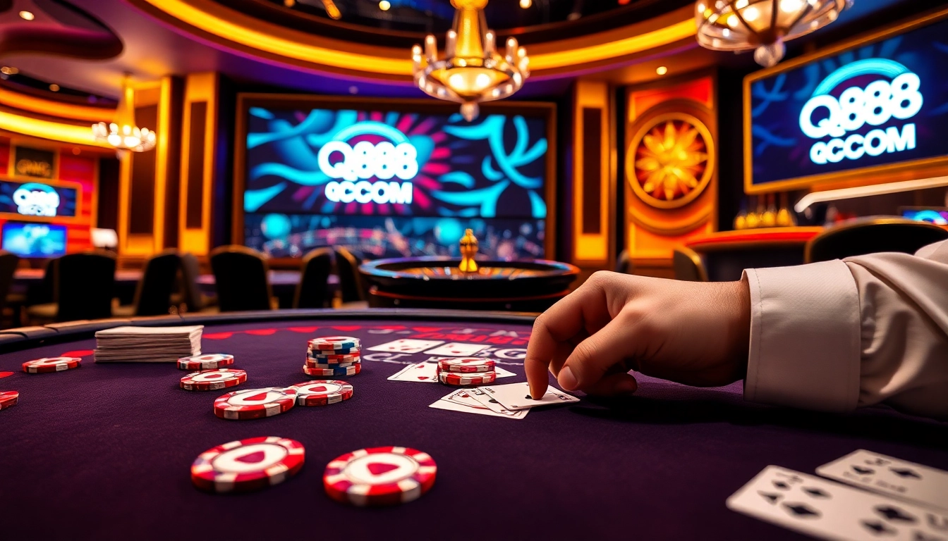Experience thrilling gameplay at QQ88 COM with poker tables, chips, and roulette wheels.