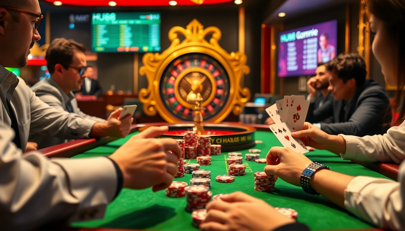 Players enjoying a thrilling game with HU88 poker chips amidst an elegant casino backdrop.