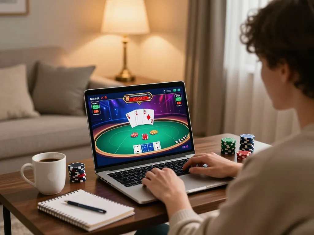 Engaging in poker on Go88 platform with immersive gameplay and cozy home setup
