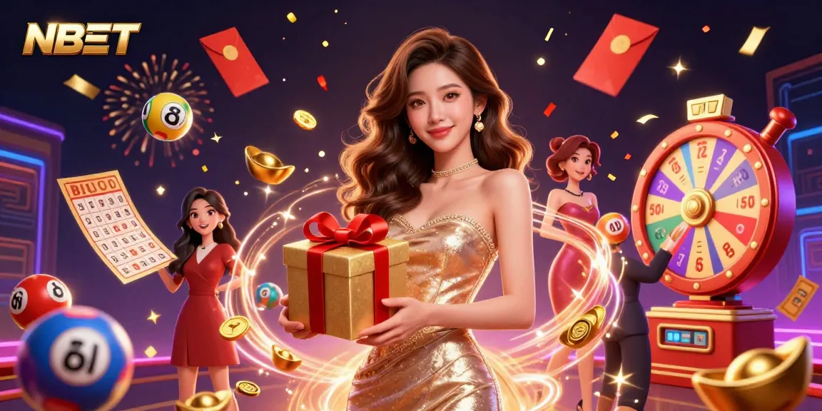 NBET themed 3D illustration showcases a joyful woman celebrating with lottery elements in a vibrant casino setting.