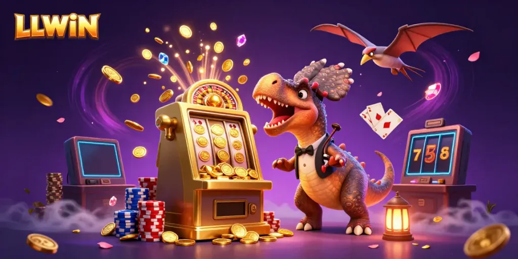 LLWIN features a pachycephalosaurus celebrating jackpot wins amidst vibrant casino elements, capturing excitement.