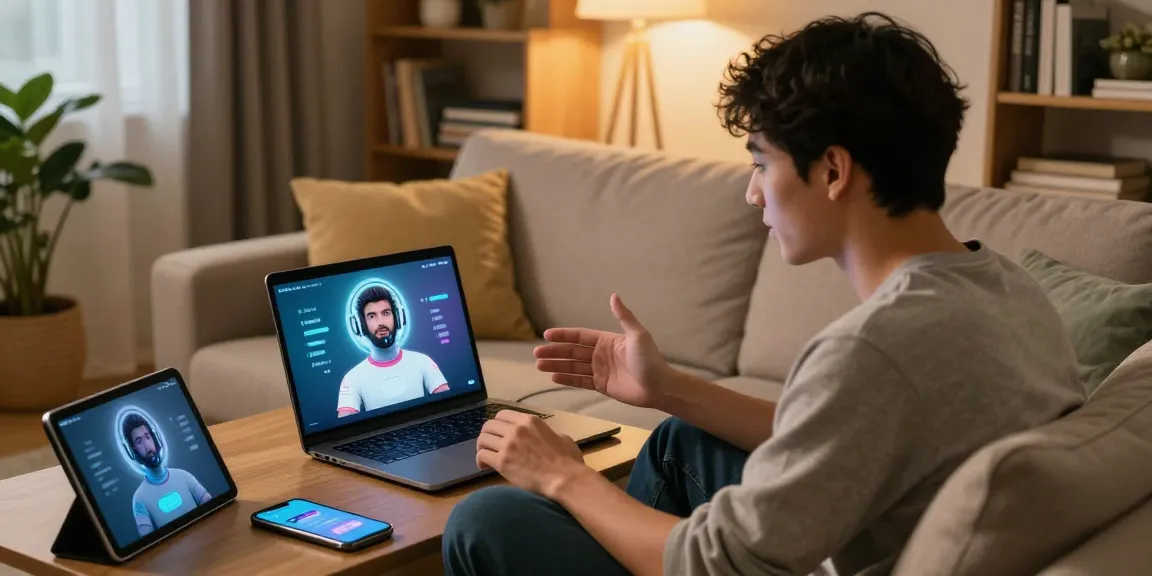 Engaging in a sex chat AI conversation on a laptop in a cozy living room.