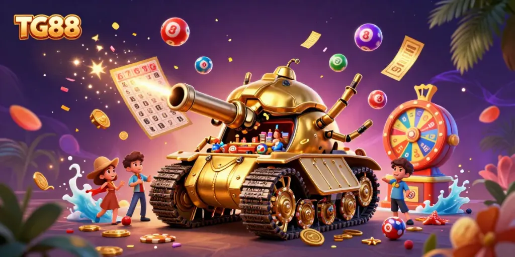 Engaging scene at a TG88-themed miniature casino inside a golden beetle tank, featuring vibrant lottery elements.