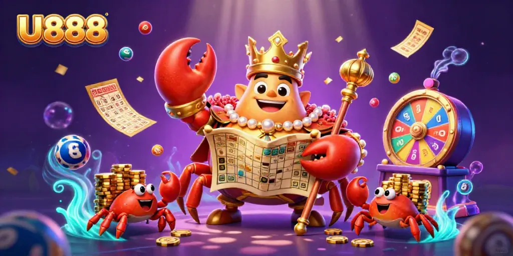 Engage with the vibrant U888 online casino world, featuring a golden crab emperor and dynamic gaming elements.