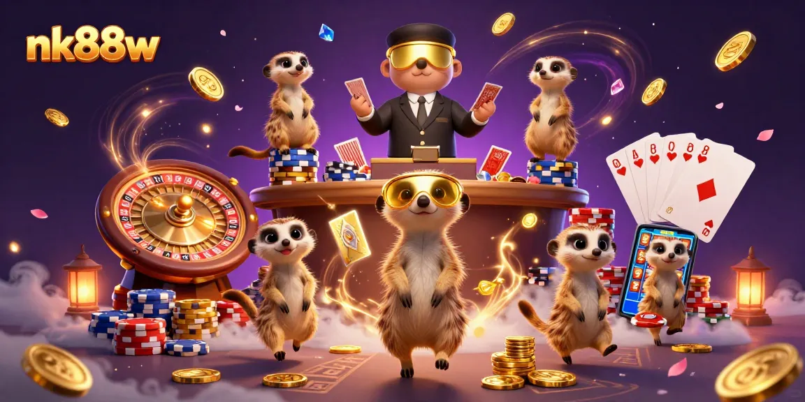 Engaging scene illustrating nk88w, featuring meerkats managing a casino with vibrant gems and gold coins.