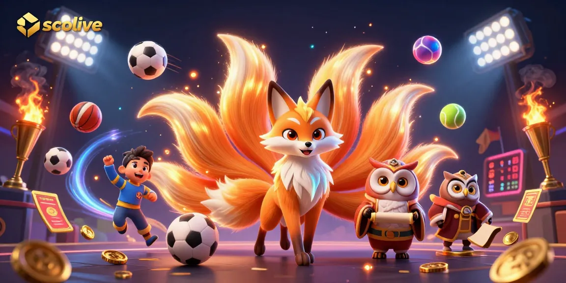 Socolive engages players with a vibrant display of sports elements, trophies, and glowing orbs.