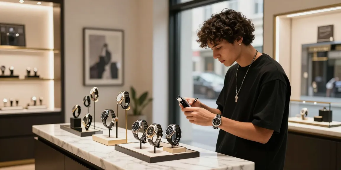 Stylish individual exploring luxury replica watches in a chic boutique.