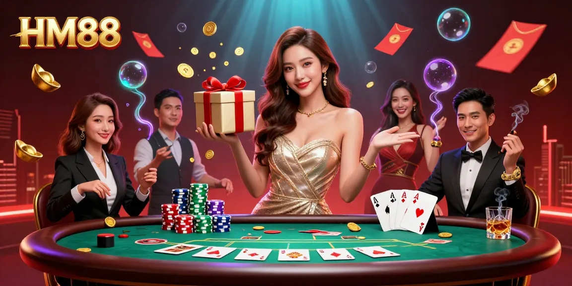 Experience winning with HM88 in a vibrant casino scene filled with festive elements and game excitement.
