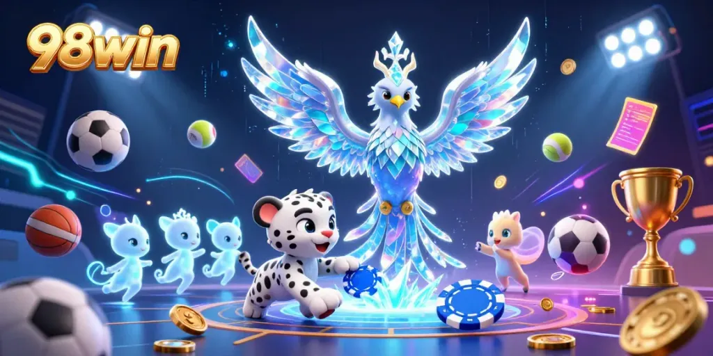 Experience the thrilling world of 98win with an ice phoenix and vibrant game elements in a dynamic casino scene.