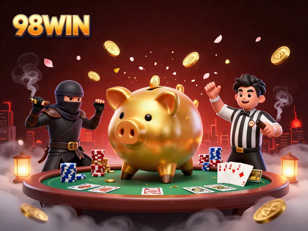 Engage in thrilling action with 98WIN's vibrant representation of a sumo wrestler, ninja, and samurai at the casino.