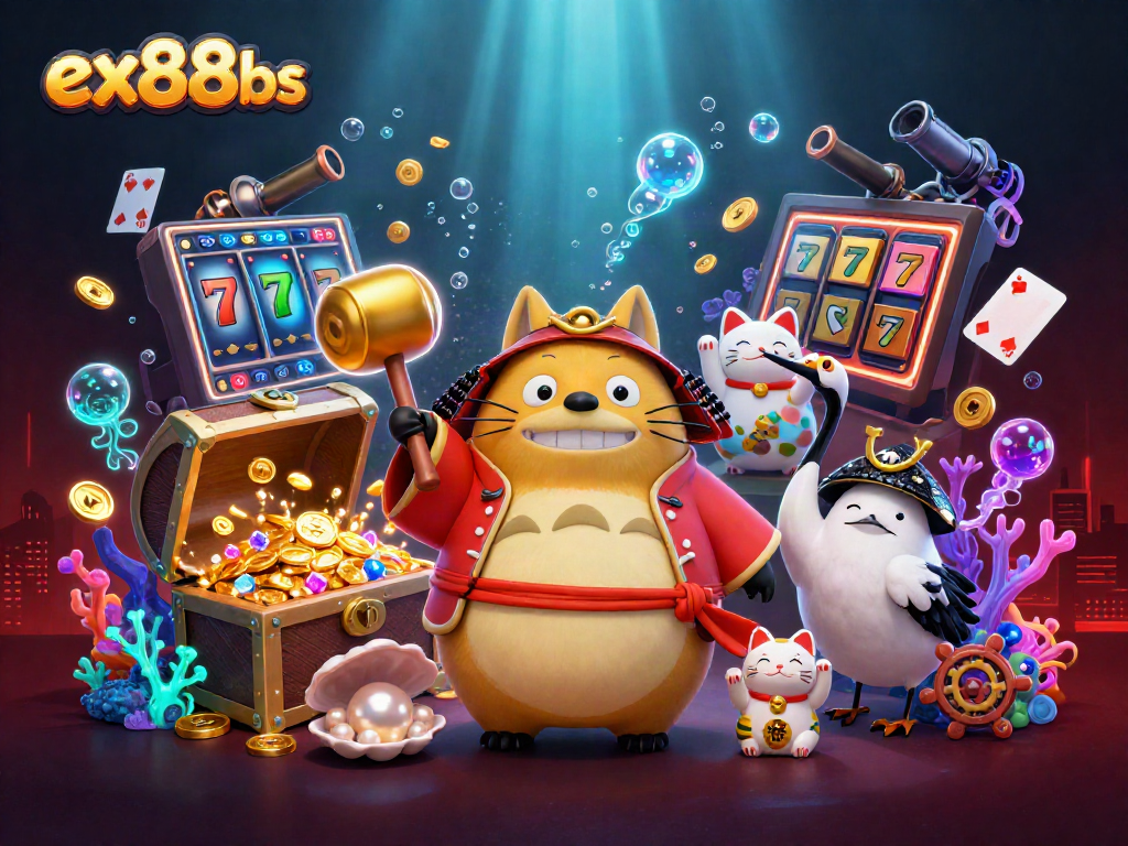 Engage in winning strategies at ex88bs with an exciting casino scene featuring joyful characters and vibrant gameplay elements.