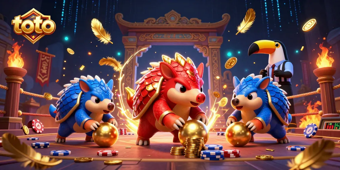 Toto pangolins competing in an exciting casino challenge, rolling poker chips and golden balls in a striking arena.