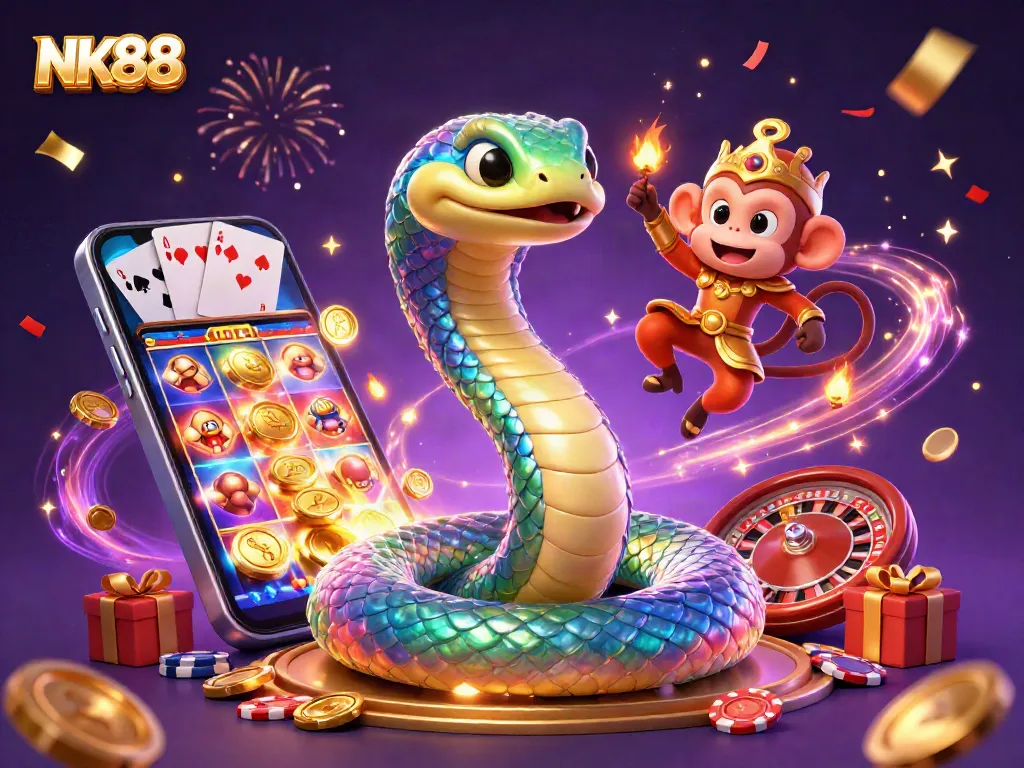 Engage with NK88 for thrilling slot gameplay amidst colorful characters and shimmering effects.