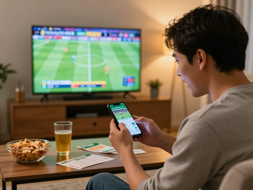 Betting enthusiast checking kèo nhà cái on smartphone while watching live football match