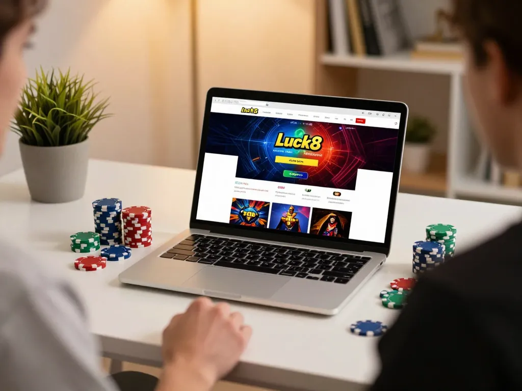 Engaged player using Luck8 online casino on laptop, showcasing vibrant gaming setup.