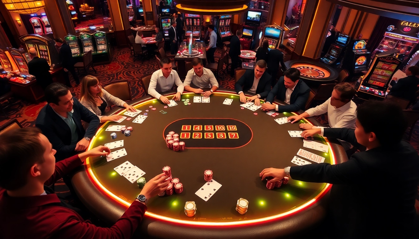 Players immerse in a thrilling poker game at https://vipwin.co.uk/, showcasing vibrant casino elements and excitement.