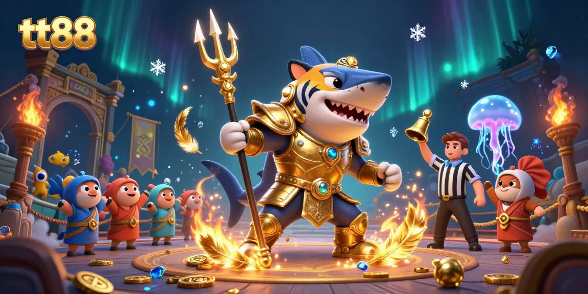 Experience thrilling gameplay with tt88 in an underwater casino scene featuring an armored shark and cheering fish.