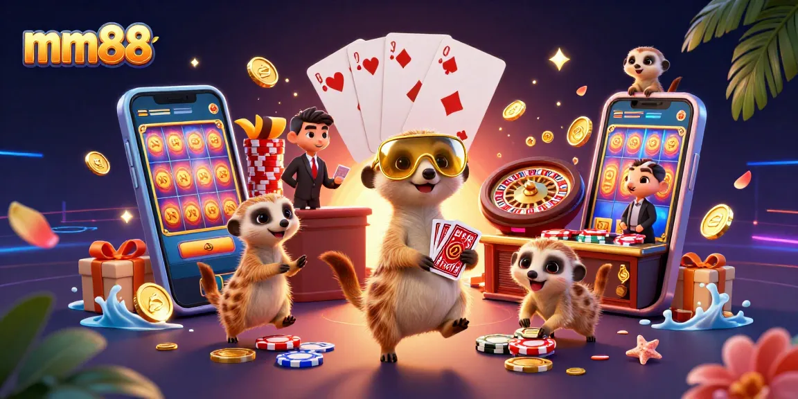 Experience excitement at the mm88 casino with dynamic meerkats managing the games, surrounded by vibrant slot action.