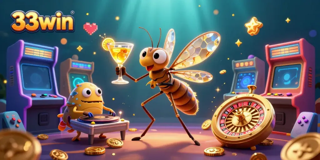 Experience the world of 33win with a lively casino scene featuring a frozen mosquito mascot.