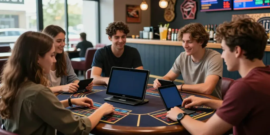 Engaging scene of young adults in a betting lounge registering for promotions like đăng ký nhận 68k.