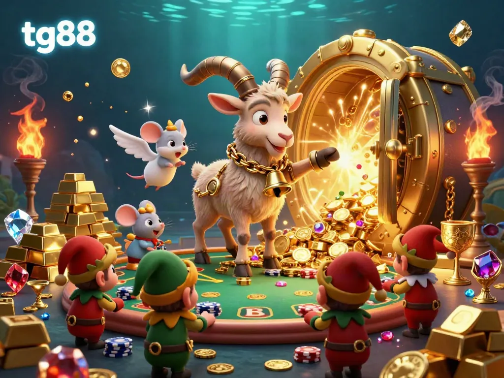 Engage with the exciting tg88 casino world featuring Krampus, an angel mouse, and elf gremlins in a vibrant scene.