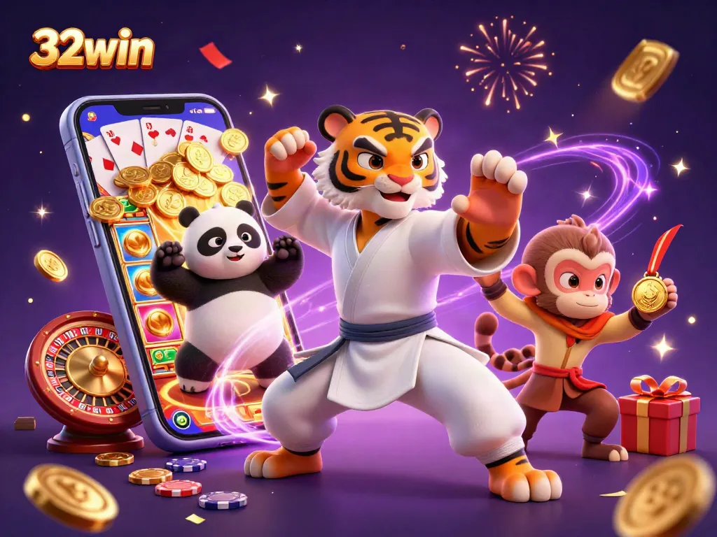 Experience the excitement of 32win with a vibrant scene featuring gambling elements, playful characters, and stunning casino visuals.