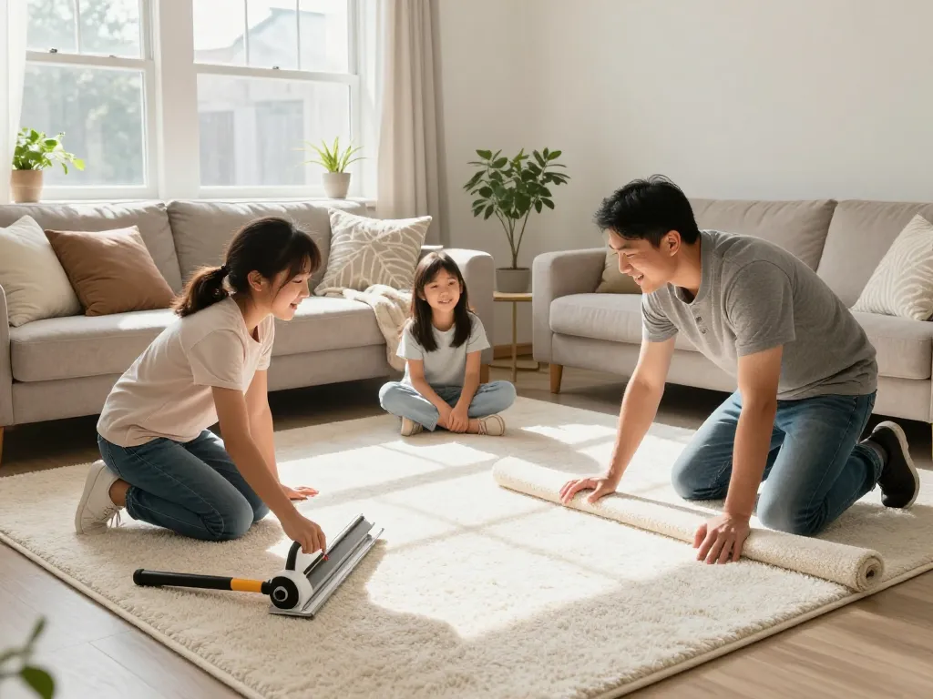 Professional carpet fitters near me installing new carpet in a family living room, creating a cozy atmosphere.