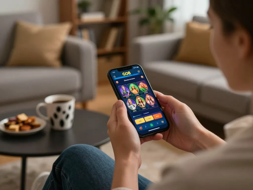 Engaged player using GO8 mobile app for online casino gaming at home