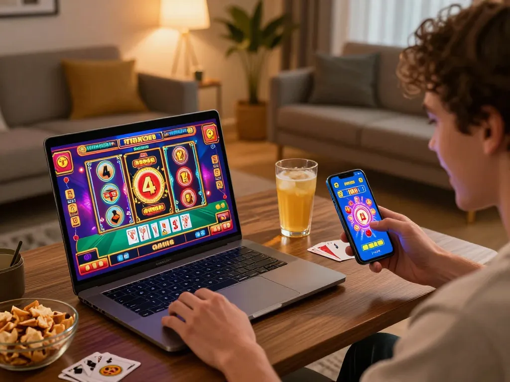 Player enjoying their favorite 123win games on multiple devices, celebrating a big win at home