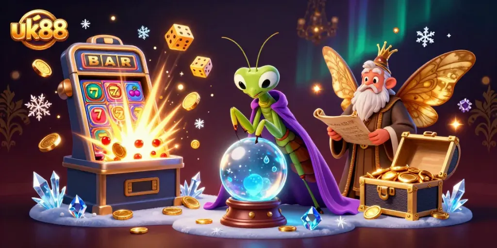 Experience thrilling wins with uk88 in this vibrant casino-themed illustration featuring dynamic gaming elements.