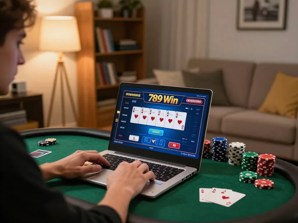 Engaging in online poker gaming at home with 789 Win, focused player and strategic scene elements