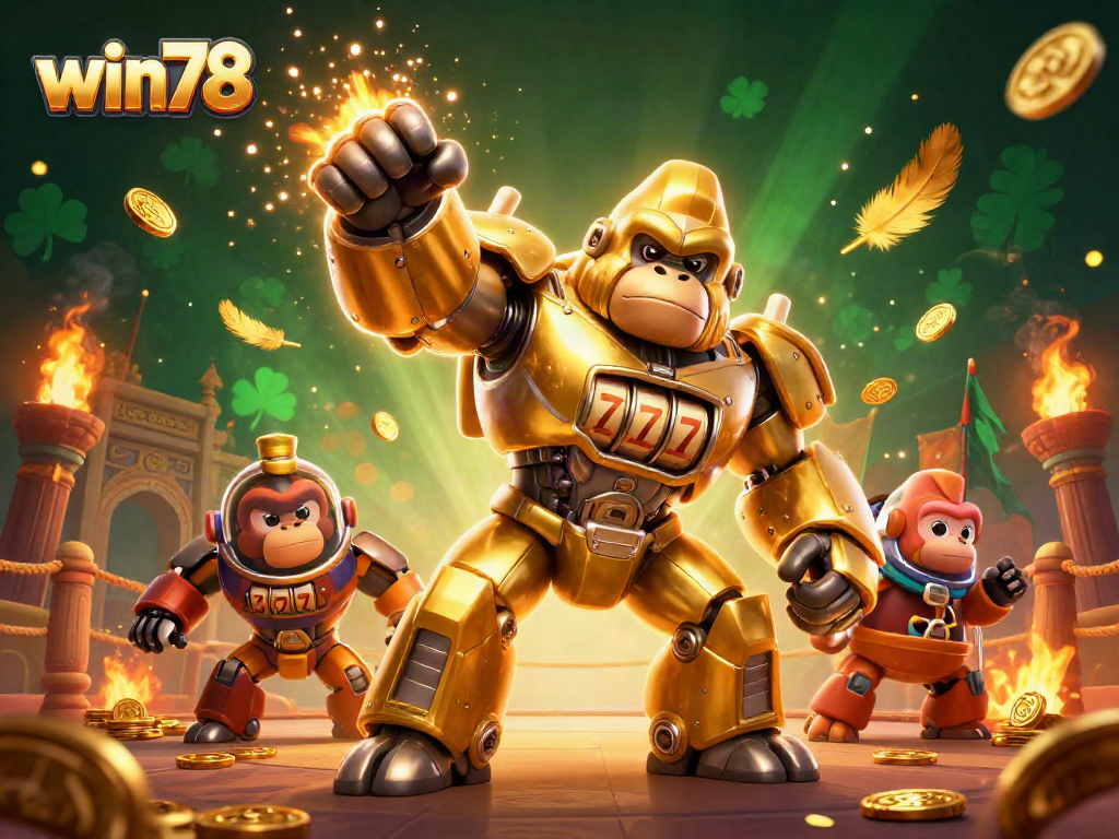 Experience excitement with the win78 gorilla mech smashing through a casino theme.