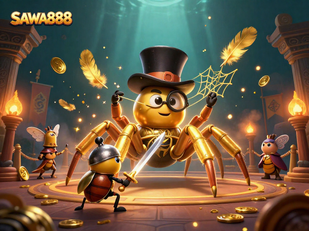 Experience thrilling gameplay on SAWA888 with a giant tarantula and brave beetle knight in an exciting casino illustration.