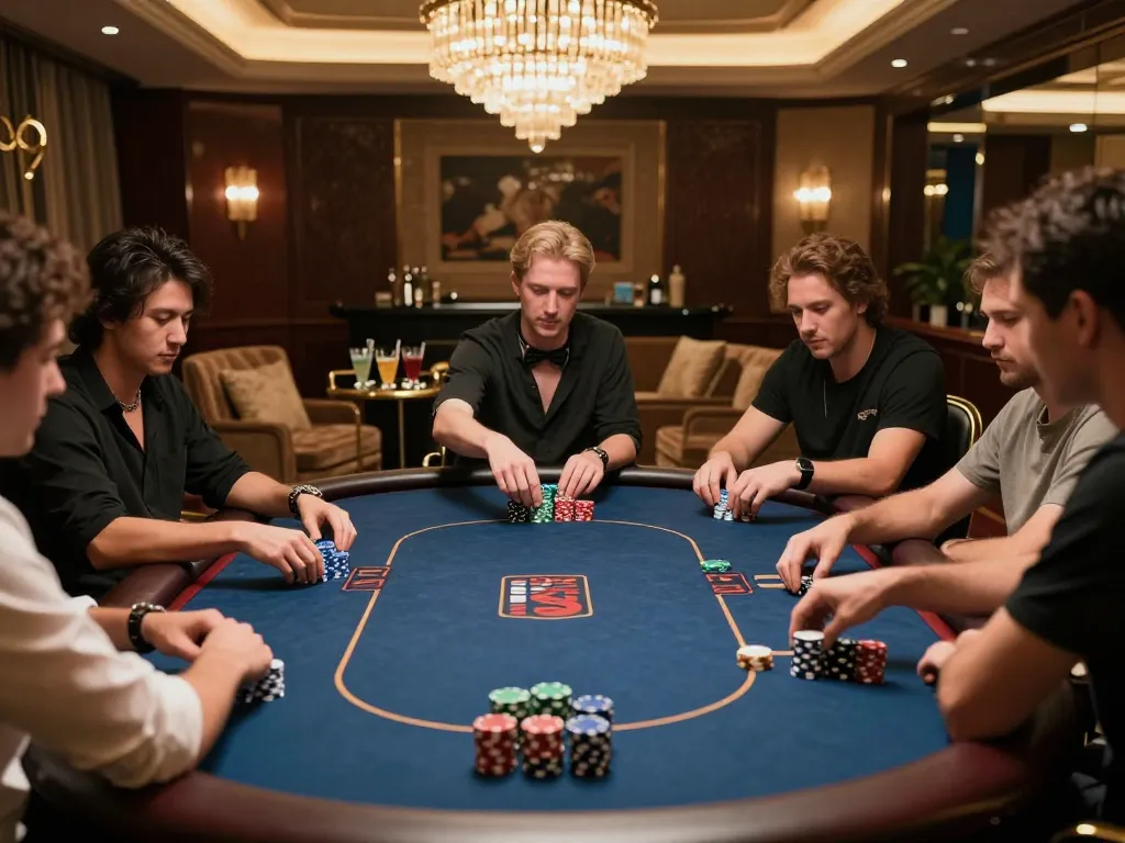 S666 players strategizing in an upscale casino VIP poker room during a high-stakes game.