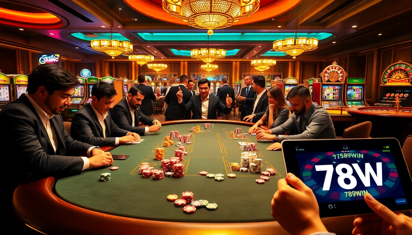 Excited players at a high-stakes poker table celebrating wins at 789win casino.