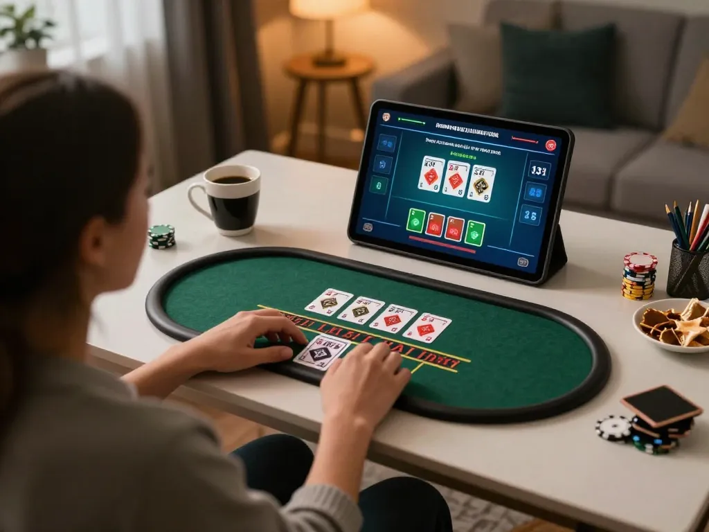 KUBET player enjoying a live dealer blackjack game on a tablet at home, emphasizing responsible gambling.
