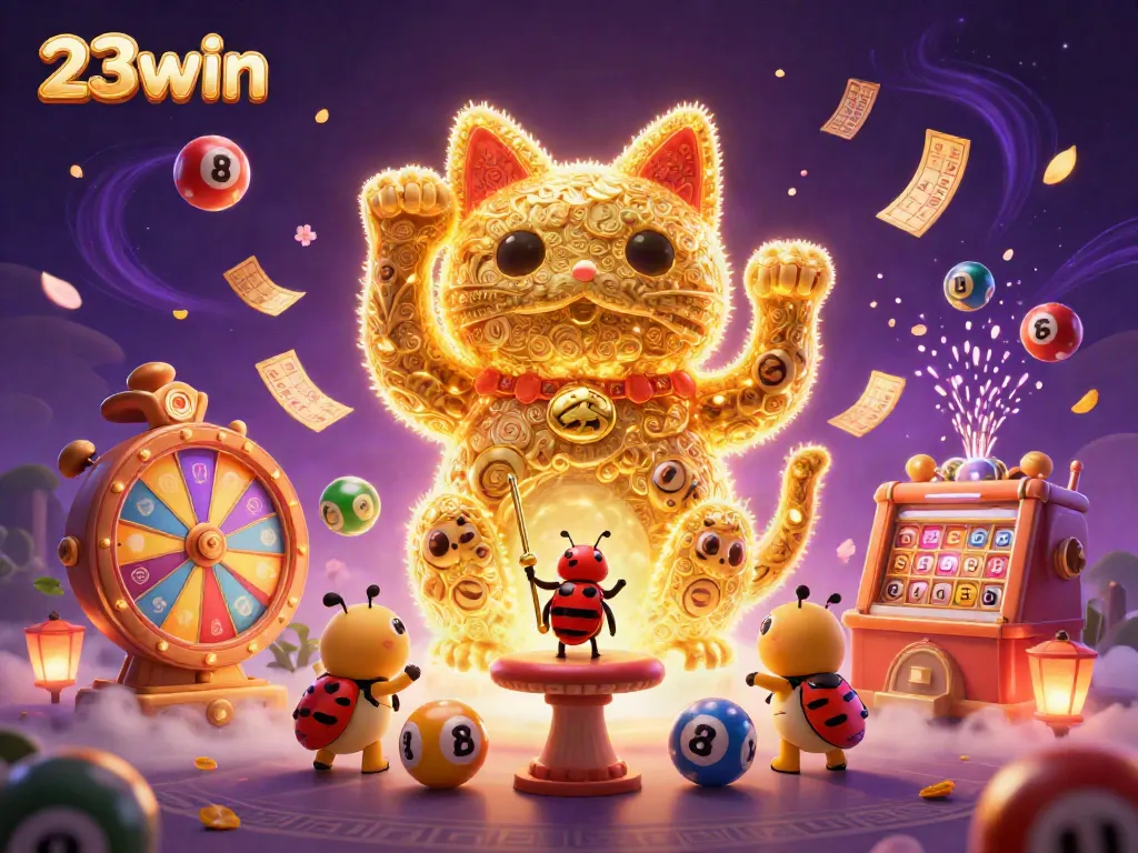 Join the excitement of 23win with a vibrant lucky cat and casino symbols in a dazzling display.